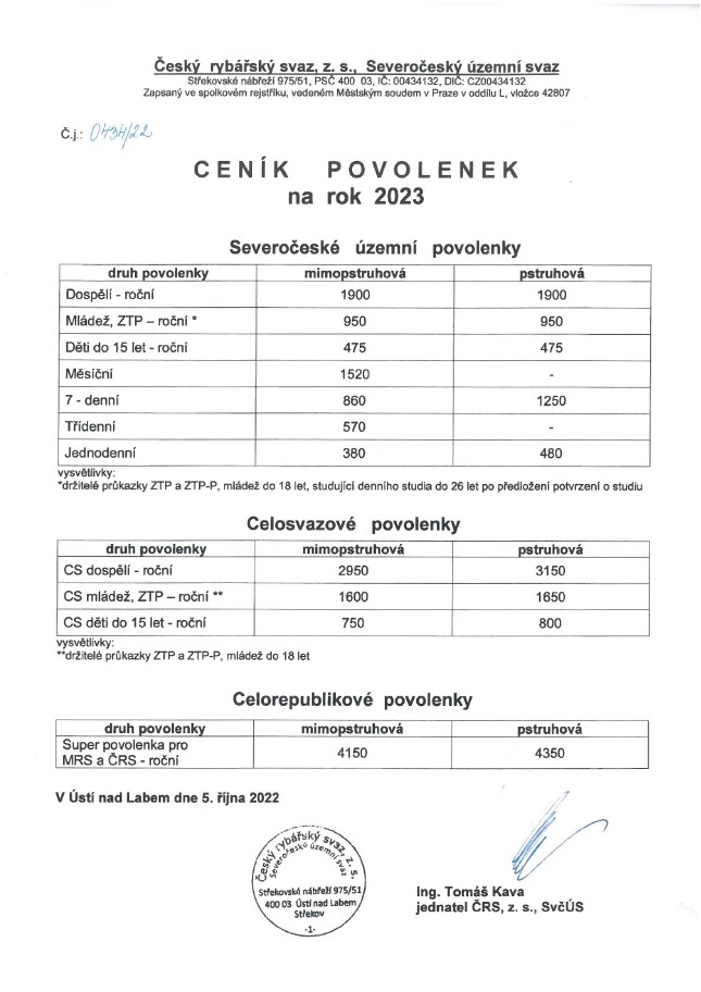 Ceník povolenek pro členy 2023