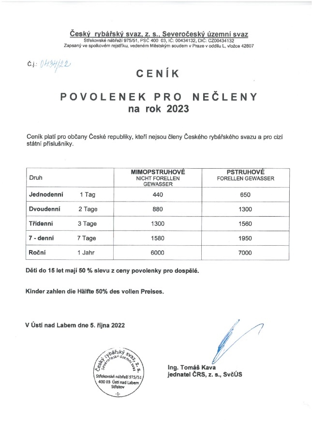 Ceník povolenek pro nečleny 2023
